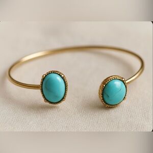 BOHO HOWLITE DOUBLE BEADED BANGLE BRACELET GOLDTONE TURQUOISE BLUE